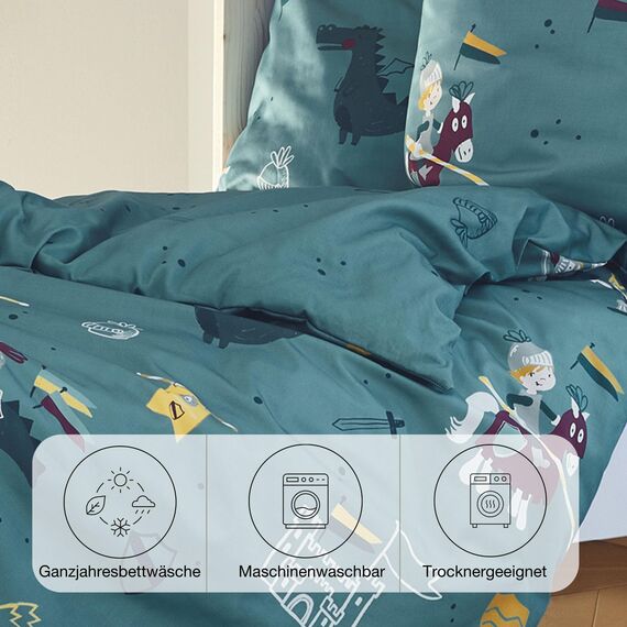 s.Oliver Kinderbettwäsche Ritter 135x200 cm - 100% Baumwolle, praktischer Reißverschluss & maschinenwaschbar, Bettwäsche für Kinder Drache & Ritterburg 2tlg. Petrol