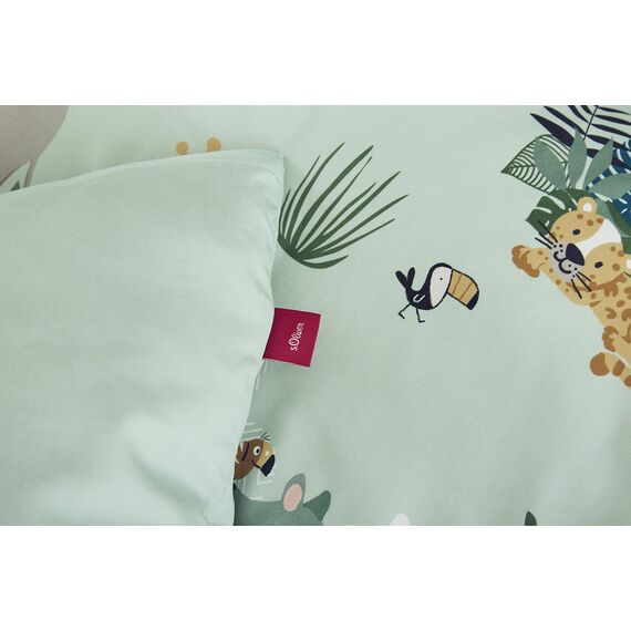 s.Oliver Kinderbettwäsche Tiere 100x135 cm - 100% Baumwolle, praktischer Reißverschluss & maschinenwaschbar, Bettwäsche für Kinder 2tlg. Zootiere hellgrün