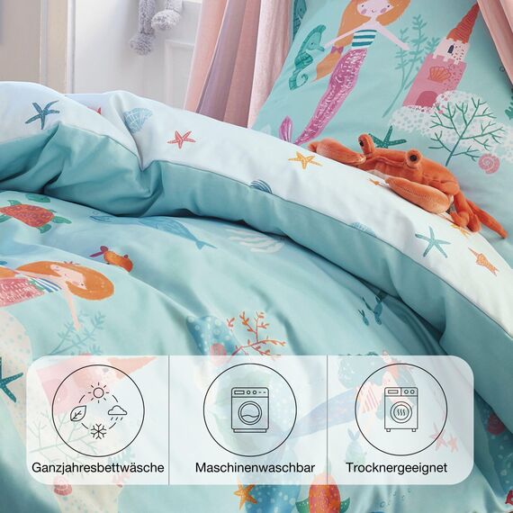 s.Oliver Kinderbettwäsche Meerjungfrau 100x135 cm - 100% Baumwolle, praktischer Reißverschluss & maschinenwaschbar, Bettwäsche für Kinder Meerjungfrauen 2tlg. bunt