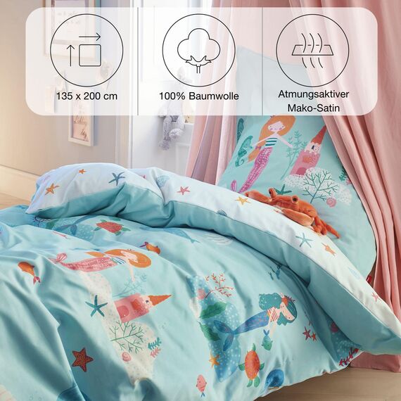 s.Oliver Kinderbettwäsche Meerjungfrau 135x200 cm - 100% Baumwolle, praktischer Reißverschluss & maschinenwaschbar, Bettwäsche für Kinder Meerjungfrauen 2tlg. bunt