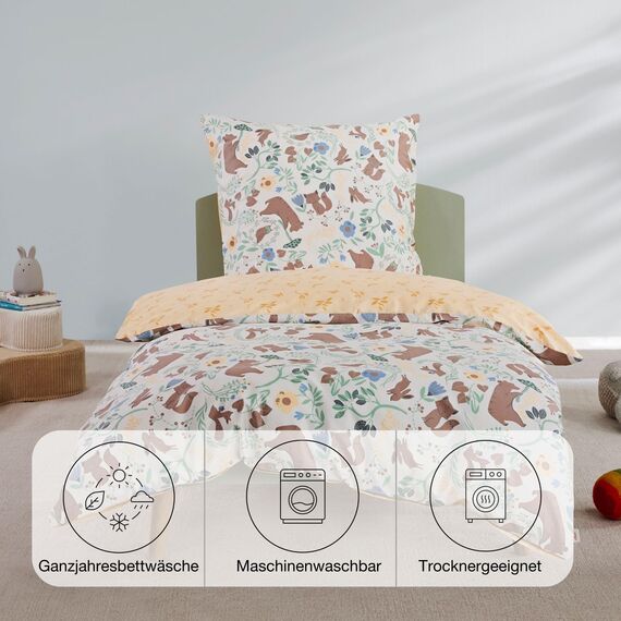s.Oliver Kinderbettwäsche Waldtiere 100x135 cm - 100% Baumwolle, praktischer Reißverschluss & maschinenwaschbar, Bettwäsche für Kinder 2tlg. Tiere gelb bunt