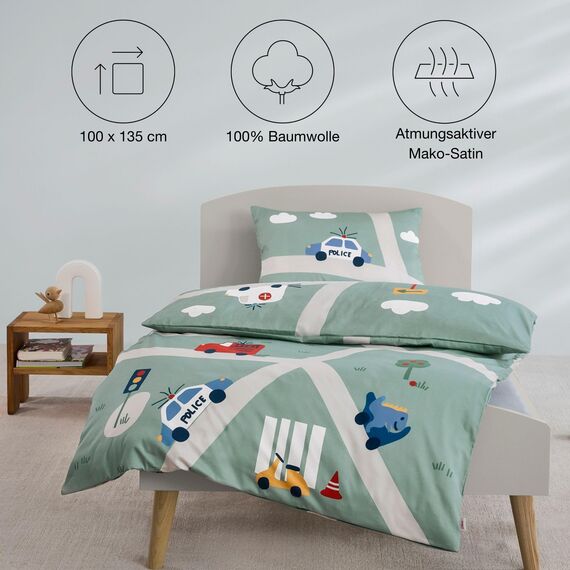 s.Oliver Kinderbettwäsche Auto 100 x 135 cm - 100% Baumwolle, Reißverschluss, anschmiegsam, weich & waschbar, Mako Satinbettwäsche mit Autos mehrfabig