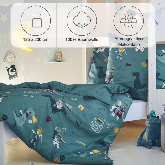 s.Oliver Kinderbettwäsche Ritter 135x200 cm - 100% Baumwolle, praktischer Reißverschluss & maschinenwaschbar, Bettwäsche für Kinder Drache & Ritterburg 2tlg. Petrol
