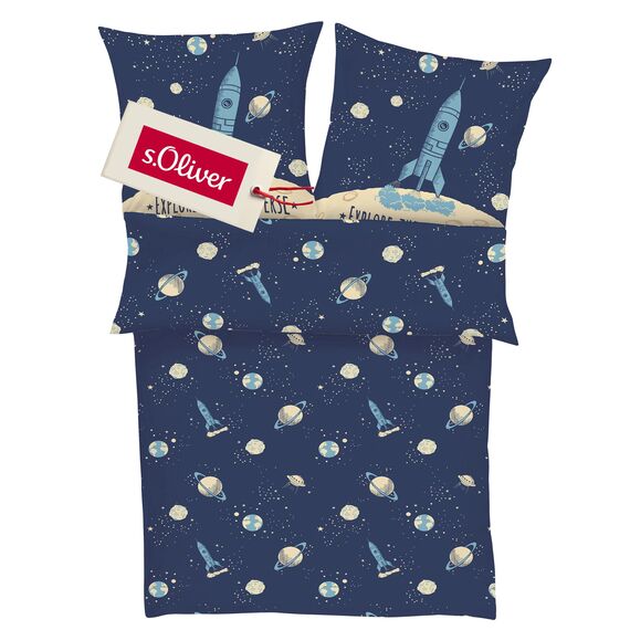 s.Oliver Kinderbettwäsche Universum 135x200 cm - 100% Baumwolle, praktischer Reißverschluss & maschinenwaschbar, Bettwäsche für Kinder Astronaut & Rakete 2tlg. blau