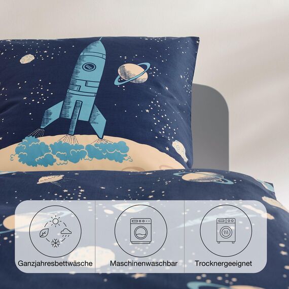 s.Oliver Kinderbettwäsche Universum 135x200 cm - 100% Baumwolle, praktischer Reißverschluss & maschinenwaschbar, Bettwäsche für Kinder Astronaut & Rakete 2tlg. blau