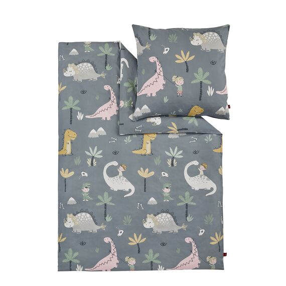 s.Oliver Kinderbettwäsche Dino 135x200 cm - 100% Baumwolle, praktischer Reißverschluss & maschinenwaschbar, Bettwäsche für Kinder 2tlg. Dinosaurier grau