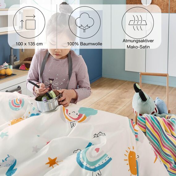 s.Oliver Kinderbettwäsche Einhorn 100x135 cm - 100% Baumwolle, praktischer Reißverschluss & maschinenwaschbar, Bettwäsche für Kinder Regenbogen 2tlg. bunt