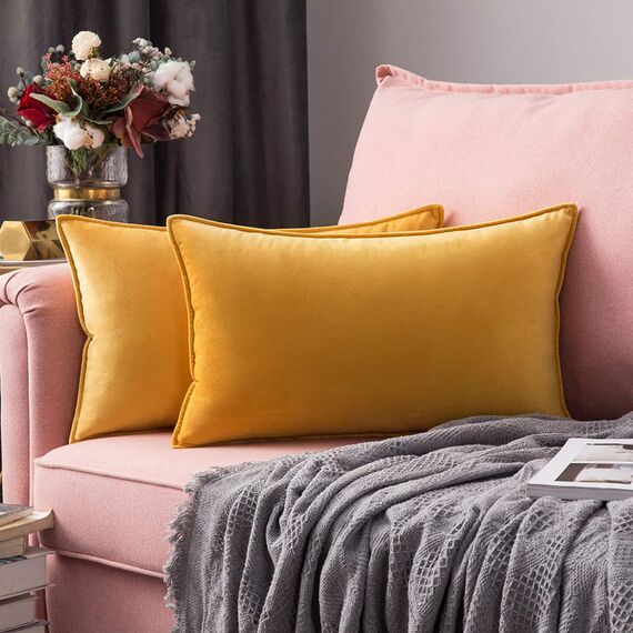 MIULEE 2er Set Samt Kissenbezug Flansch Kissenhülle Dekorative Sofakissen Dekokissen Umwickelte Kante Kissenbezüge Zierkissenbezug für Sofa Wohnzimmer Schlafzimmer 30x50 cm Golden