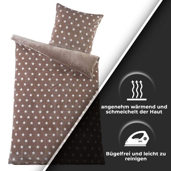 MALIKA Warme Winter Plüsch Sterne Wende-Bettwäsche Nicky-Teddy 'Cashmere Touch' Coral Fleece viele Farben & Größen, Farbe:Taupe, Größe:135 x 200 cm