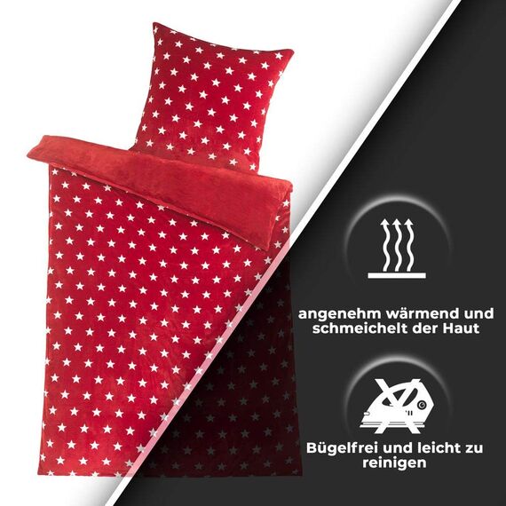 MALIKA Warme Winter Plüsch Sterne Wende-Bettwäsche Nicky-Teddy 'Cashmere Touch' Coral Fleece viele Farben & Größen, Farbe:Weinrot, Größe:155 x 220 cm