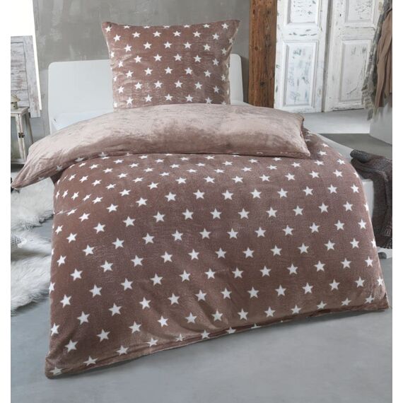 MALIKA Warme Winter Plüsch Sterne Wende-Bettwäsche Nicky-Teddy 'Cashmere Touch' Coral Fleece viele Farben & Größen, Farbe:Taupe, Größe:135 x 200 cm
