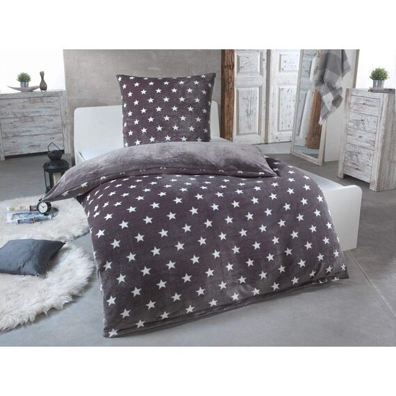 MALIKA Warme Winter Plüsch Sterne Wende-Bettwäsche Nicky-Teddy 'Cashmere Touch' Coral Fleece viele Farben & Größen, Farbe:Grau, Größe:155 x 220 cm