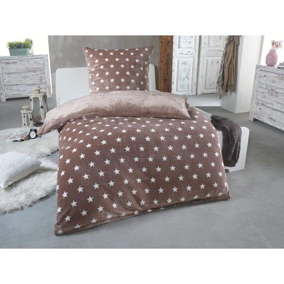 MALIKA Warme Winter Plüsch Sterne Wende-Bettwäsche Nicky-Teddy 'Cashmere Touch' Coral Fleece viele Farben & Größen, Farbe:Taupe, Größe:135 x 200 cm