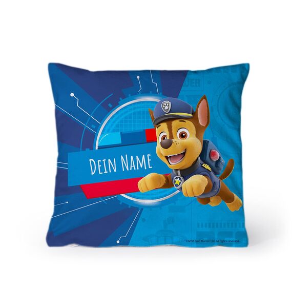 PICANOVA – PAW Patrol Chase Kissen mit Name 30x30cm – mit Füllung – Text individuell Bedruckt – Zierkissen Dekokissen – Schlaf- und Wohnzimmertauglich
