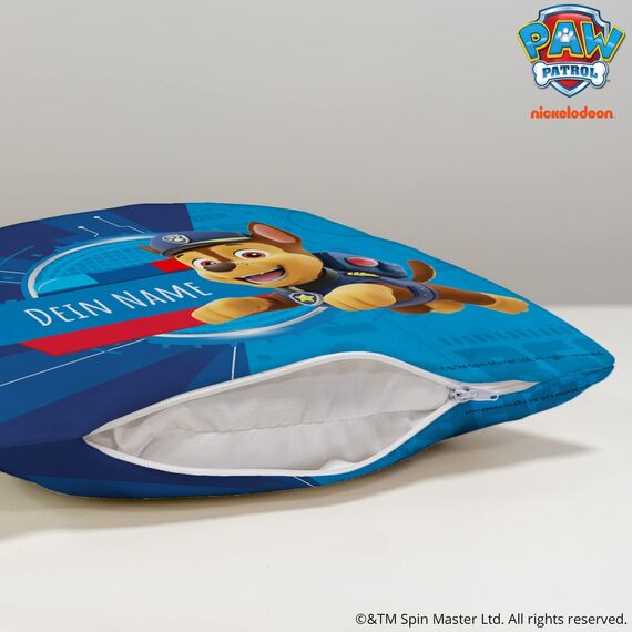 PICANOVA – PAW Patrol Chase Kissen mit Name 30x30cm – mit Füllung – Text individuell Bedruckt – Zierkissen Dekokissen – Schlaf- und Wohnzimmertauglich
