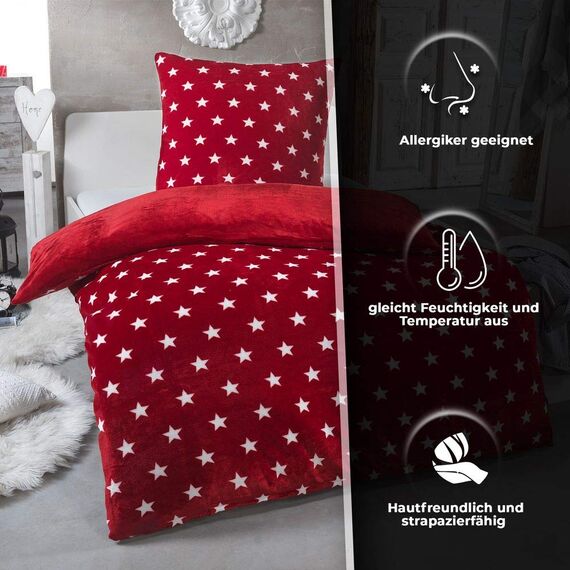 MALIKA Warme Winter Plüsch Sterne Wende-Bettwäsche Nicky-Teddy 'Cashmere Touch' Coral Fleece viele Farben & Größen, Farbe:Weinrot, Größe:200 x 200 cm