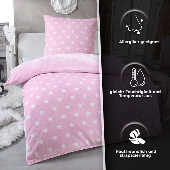 MALIKA Warme Winter Plüsch Sterne Wende-Bettwäsche Nicky-Teddy 'Cashmere Touch' Coral Fleece viele Farben & Größen, Farbe:Rosa, Größe:200 x 200 cm