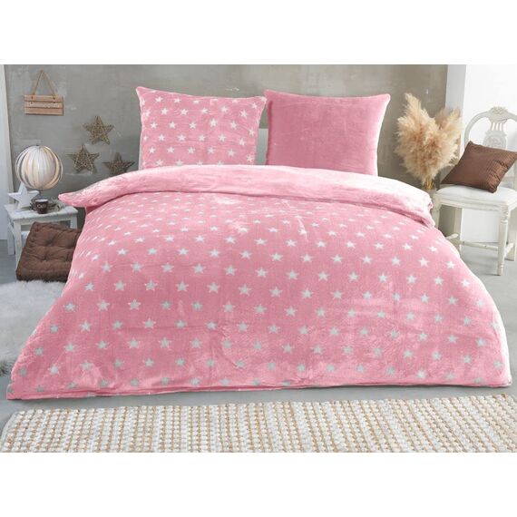 MALIKA Warme Winter Plüsch Sterne Wende-Bettwäsche Nicky-Teddy 'Cashmere Touch' Coral Fleece viele Farben & Größen, Farbe:Rosa, Größe:200 x 200 cm