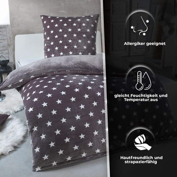 MALIKA Warme Winter Plüsch Sterne Wende-Bettwäsche Nicky-Teddy 'Cashmere Touch' Coral Fleece viele Farben & Größen, Farbe:Grau, Größe:200 x 200 cm