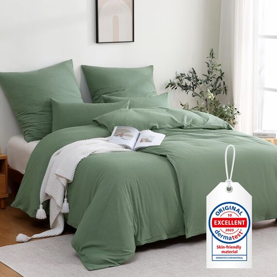 ATsense Bettwäsche 135x200 Baumwolle 4teilig, Stonewashed Bettwäsche-Sets Grün Ähnlich wie Leinen, Oeko-TEX, Hypoallergen und Atmungsaktiv, 2 Bettbezug und 2 Kissenbezug 80x80