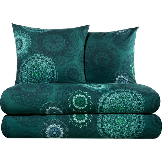 Erwin Müller Bettwäsche, Bettgarnitur Sparpaket 4-TLG. Flanell - Mandala - mollig warm, temperaturregulierend, mit praktischem Reißverschluss - Petrol Größe 80x80 cm / 155x200 cm