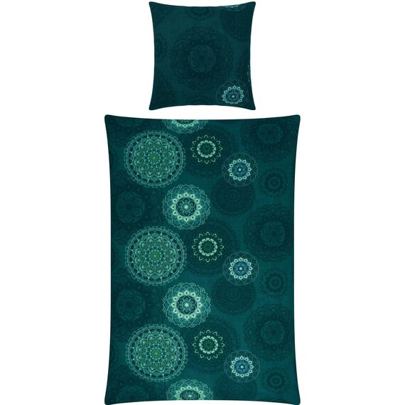 Erwin Müller Bettwäsche, Bettgarnitur Sparpaket 4-TLG. Flanell - Mandala - mollig warm, temperaturregulierend, mit praktischem Reißverschluss - Petrol Größe 80x80 cm / 155x200 cm