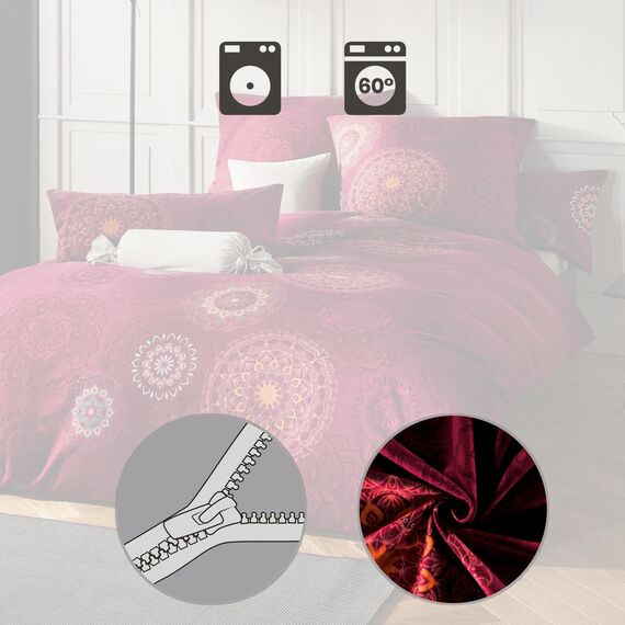 Erwin Müller Bettwäsche, Bettgarnitur Flanell - Mandala - mollig warm, temperaturregulierend, mit praktischem Reißverschluss - Bordeaux Größe 80x80 cm / 240x220 cm