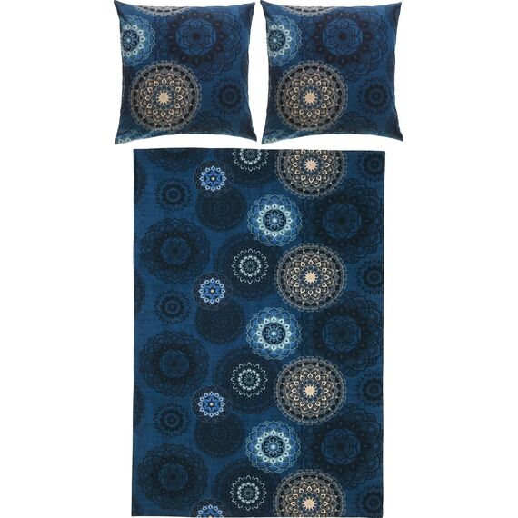 Erwin Müller Bettwäsche, Bettgarnitur Flanell - Mandala - mollig warm, temperaturregulierend, mit praktischem Reißverschluss - dunkelblau Größe 80x80 cm / 200x200 cm