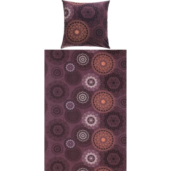 Erwin Müller Bettwäsche, Bettgarnitur Sparpaket 4-TLG. Flanell - Mandala - mollig warm, temperaturregulierend, mit praktischem Reißverschluss - aubergine Größe 80x80 cm / 155x240 cm