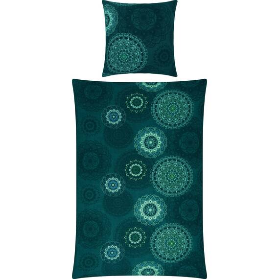 Erwin Müller Bettwäsche, Bettgarnitur Sparpaket 4-TLG. Flanell - Mandala - mollig warm, temperaturregulierend, mit praktischem Reißverschluss - Petrol Größe 80x80 cm / 135x220 cm