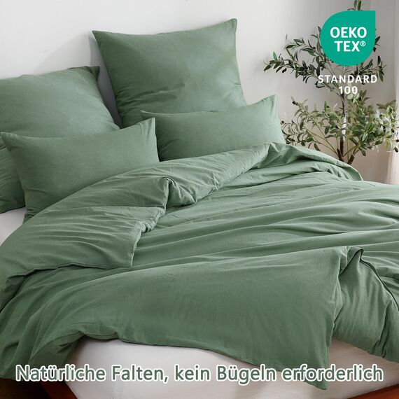 ATsense Bettwäsche 135x200 Baumwolle 4teilig, Stonewashed Bettwäsche-Sets Grün Ähnlich wie Leinen, Oeko-TEX, Hypoallergen und Atmungsaktiv, 2 Bettbezug und 2 Kissenbezug 80x80