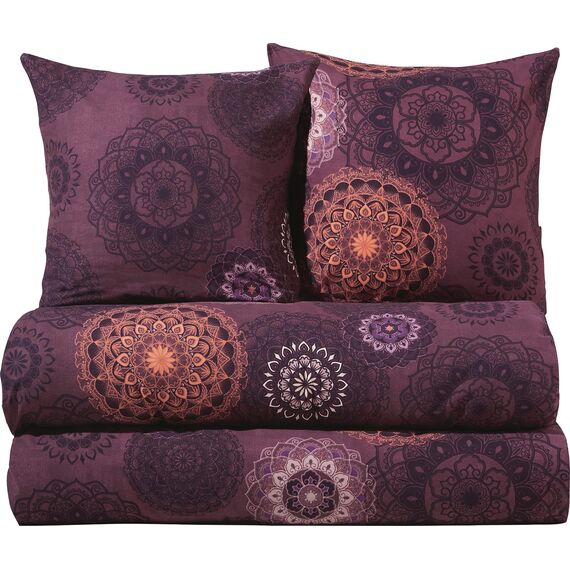 Erwin Müller Bettwäsche, Bettgarnitur Sparpaket 4-TLG. Flanell - Mandala - mollig warm, temperaturregulierend, mit praktischem Reißverschluss - aubergine Größe 80x80 cm / 155x240 cm