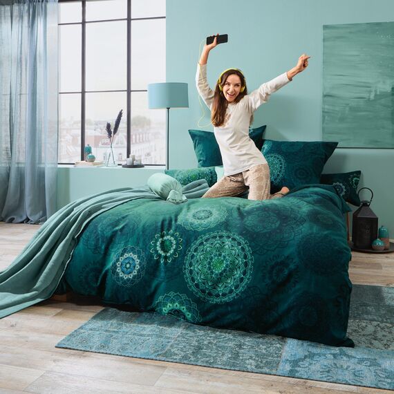 Erwin Müller Bettwäsche, Bettgarnitur Sparpaket 4-TLG. Flanell - Mandala - mollig warm, temperaturregulierend, mit praktischem Reißverschluss - Petrol Größe 80x80 cm / 155x200 cm