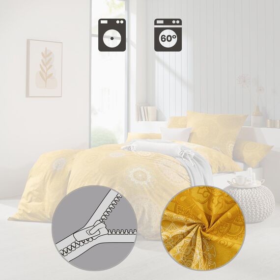 Erwin Müller Bettwäsche, Bettgarnitur Sparpaket 4-TLG. Flanell - Mandala - mollig warm, temperaturregulierend, mit praktischem Reißverschluss - Curry Größe 40x80 cm / 155x240 cm