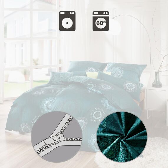 Erwin Müller Bettwäsche, Bettgarnitur Flanell - Mandala - mollig warm, temperaturregulierend, mit praktischem Reißverschluss - Petrol Größe 40x80 cm / 135x220 cm