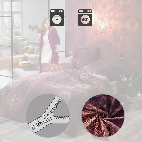 Erwin Müller Bettwäsche, Bettgarnitur Sparpaket 4-TLG. Flanell - Mandala - mollig warm, temperaturregulierend, mit praktischem Reißverschluss - aubergine Größe 40x80 cm / 135x200 cm