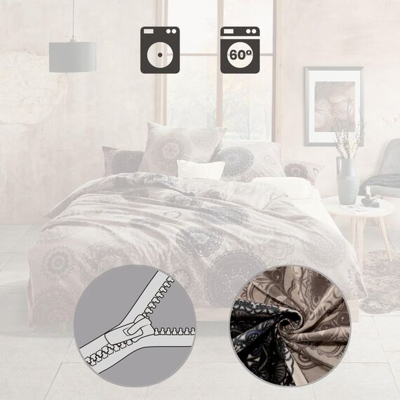 Erwin Müller Bettwäsche, Bettgarnitur Flanell - Mandala - mollig warm, temperaturregulierend, mit praktischem Reißverschluss - beige Größe 80x80 cm / 200x220 cm