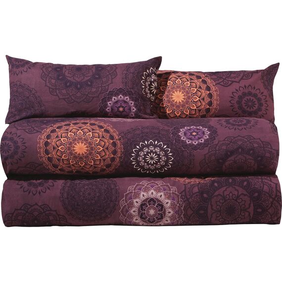 Erwin Müller Bettwäsche, Bettgarnitur Sparpaket 4-TLG. Flanell - Mandala - mollig warm, temperaturregulierend, mit praktischem Reißverschluss - aubergine Größe 40x80 cm / 135x200 cm