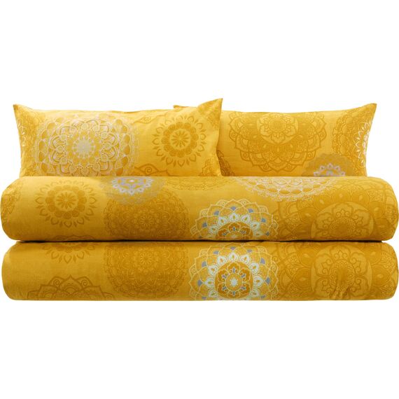 Erwin Müller Bettwäsche, Bettgarnitur Sparpaket 4-TLG. Flanell - Mandala - mollig warm, temperaturregulierend, mit praktischem Reißverschluss - Curry Größe 40x80 cm / 155x240 cm