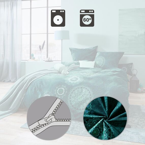 Erwin Müller Bettwäsche, Bettgarnitur Sparpaket 4-TLG. Flanell - Mandala - mollig warm, temperaturregulierend, mit praktischem Reißverschluss - Petrol Größe 40x80 cm / 155x200 cm