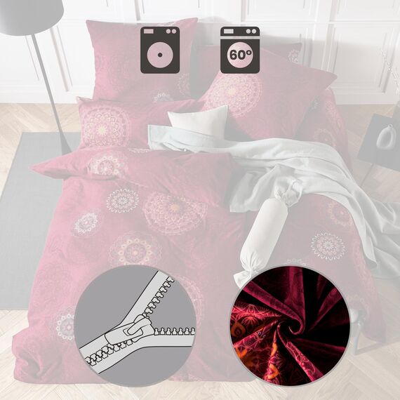 Erwin Müller Bettwäsche, Bettgarnitur Flanell - Mandala - mollig warm, temperaturregulierend, mit praktischem Reißverschluss - Bordeaux Größe 40x80 cm / 155x240 cm