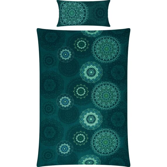 Erwin Müller Bettwäsche, Bettgarnitur Flanell - Mandala - mollig warm, temperaturregulierend, mit praktischem Reißverschluss - Petrol Größe 40x80 cm / 135x220 cm