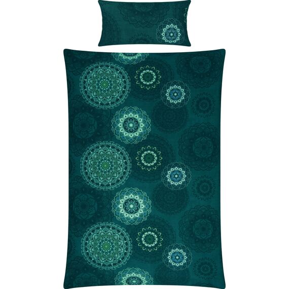 Erwin Müller Bettwäsche, Bettgarnitur Sparpaket 4-TLG. Flanell - Mandala - mollig warm, temperaturregulierend, mit praktischem Reißverschluss - Petrol Größe 40x80 cm / 135x220 cm