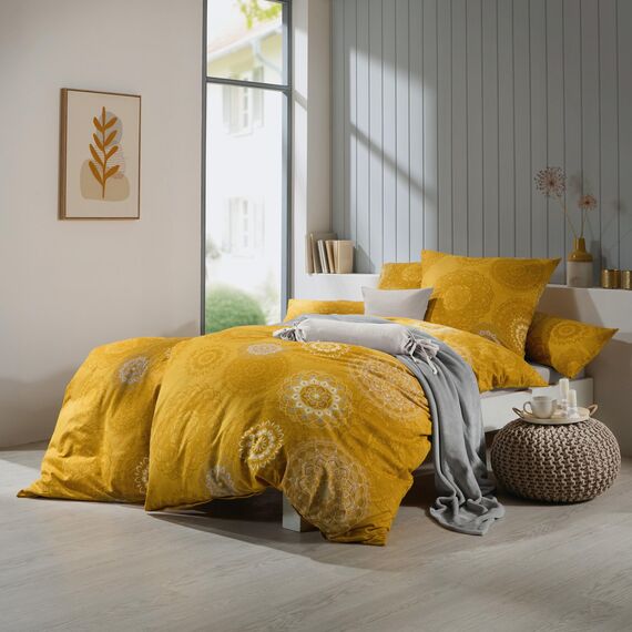 Erwin Müller Bettwäsche, Bettgarnitur Flanell - Mandala - mollig warm, temperaturregulierend, mit praktischem Reißverschluss - Curry Größe 40x80 cm / 135x200 cm