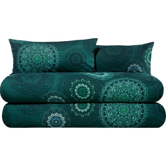 Erwin Müller Bettwäsche, Bettgarnitur Sparpaket 4-TLG. Flanell - Mandala - mollig warm, temperaturregulierend, mit praktischem Reißverschluss - Petrol Größe 40x80 cm / 155x220 cm