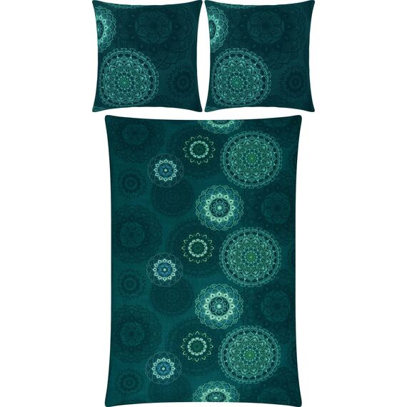 Erwin Müller Bettwäsche, Bettgarnitur Flanell - Mandala - mollig warm, temperaturregulierend, mit praktischem Reißverschluss - Petrol Größe 80x80 cm / 200x220 cm
