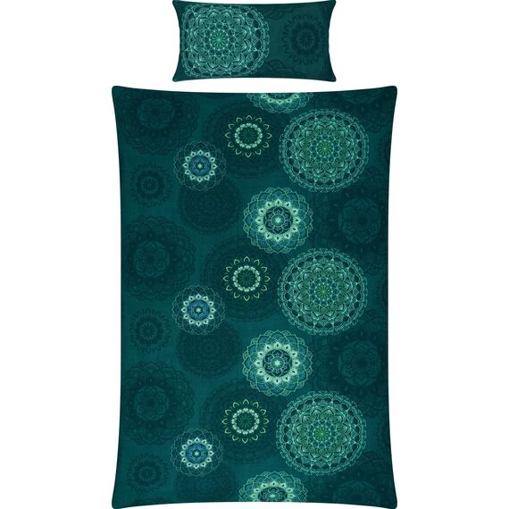 Erwin Müller Bettwäsche, Bettgarnitur Sparpaket 4-TLG. Flanell - Mandala - mollig warm, temperaturregulierend, mit praktischem Reißverschluss - Petrol Größe 40x80 cm / 135x220 cm