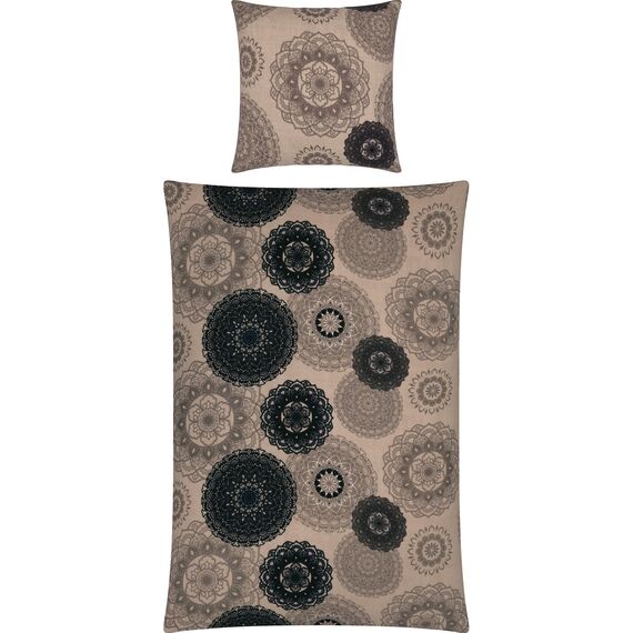 Erwin Müller Bettwäsche, Bettgarnitur Sparpaket 4-TLG. Flanell - Mandala - mollig warm, temperaturregulierend, mit praktischem Reißverschluss - beige Größe 80x80 cm / 155x240 cm