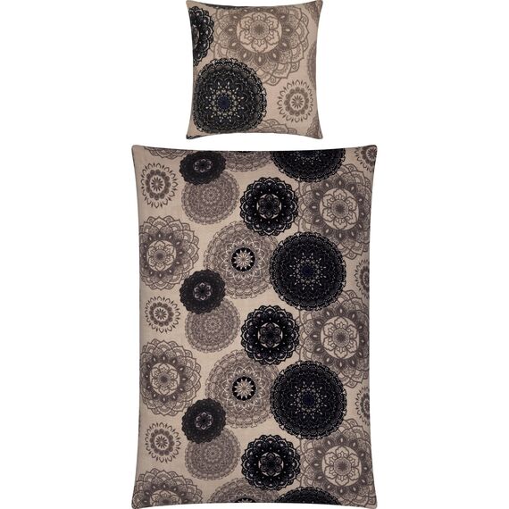 Erwin Müller Bettwäsche, Bettgarnitur Sparpaket 4-TLG. Flanell - Mandala - mollig warm, temperaturregulierend, mit praktischem Reißverschluss - beige Größe 80x80 cm / 155x240 cm