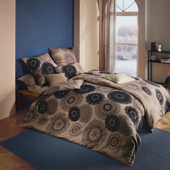 Erwin Müller Bettwäsche, Bettgarnitur Sparpaket 4-TLG. Flanell - Mandala - mollig warm, temperaturregulierend, mit praktischem Reißverschluss - beige Größe 40x80 cm / 155x220 cm